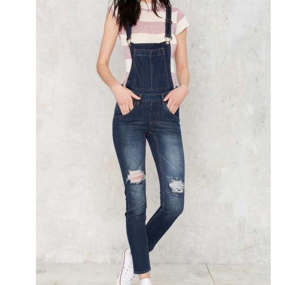 Cheap Monday Denim - Cheap Monday Distressed Knee Dungaree Carbon Blue Denim Overalls